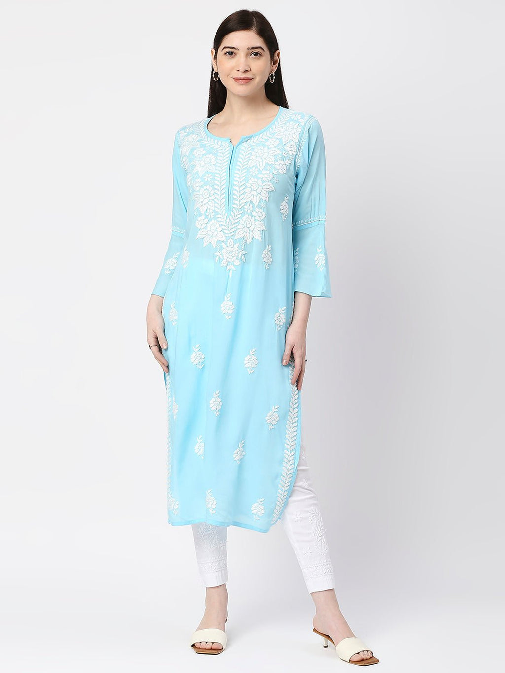 Lucknow Chikankari Hand Embroidered Kurta Modal Cotton - Indiankala4u