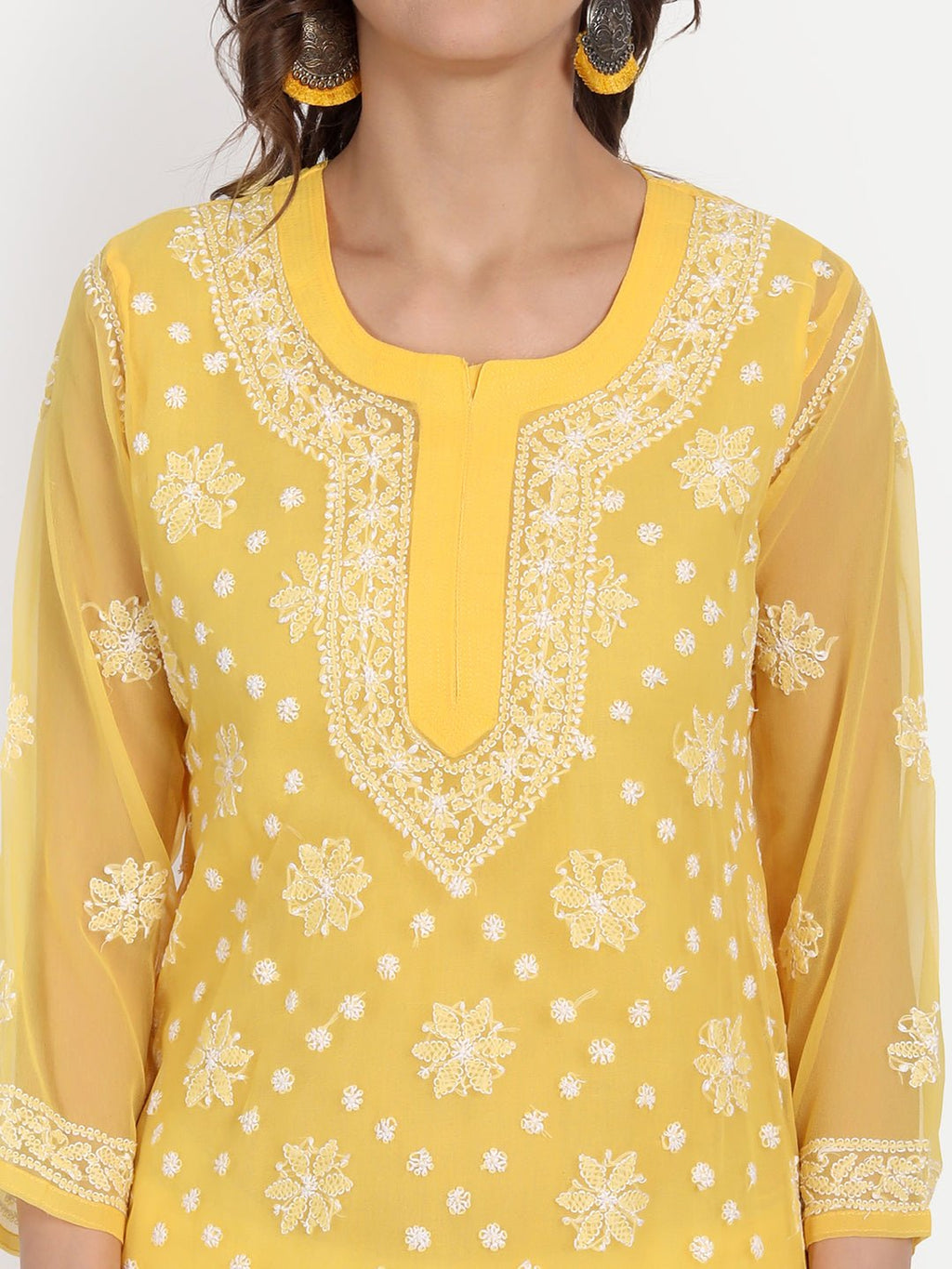 Lucknow Chikankari Hand Embroidered Kurta with Matching Inner, Georgette - Indiankala4u