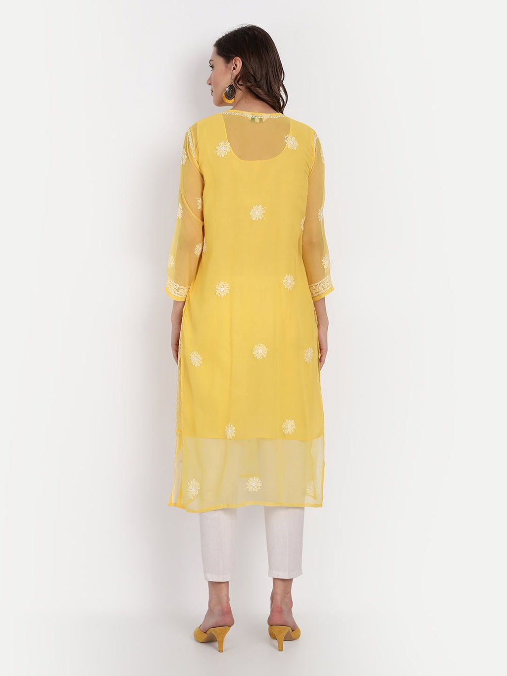 Lucknow Chikankari Hand Embroidered Kurta with Matching Inner, Georgette - Indiankala4u