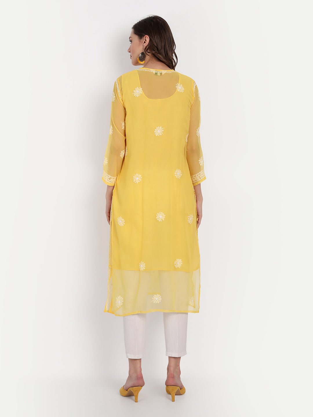 Lucknow Chikankari Hand Embroidered Kurta with Matching Inner, Georgette - Indiankala4u