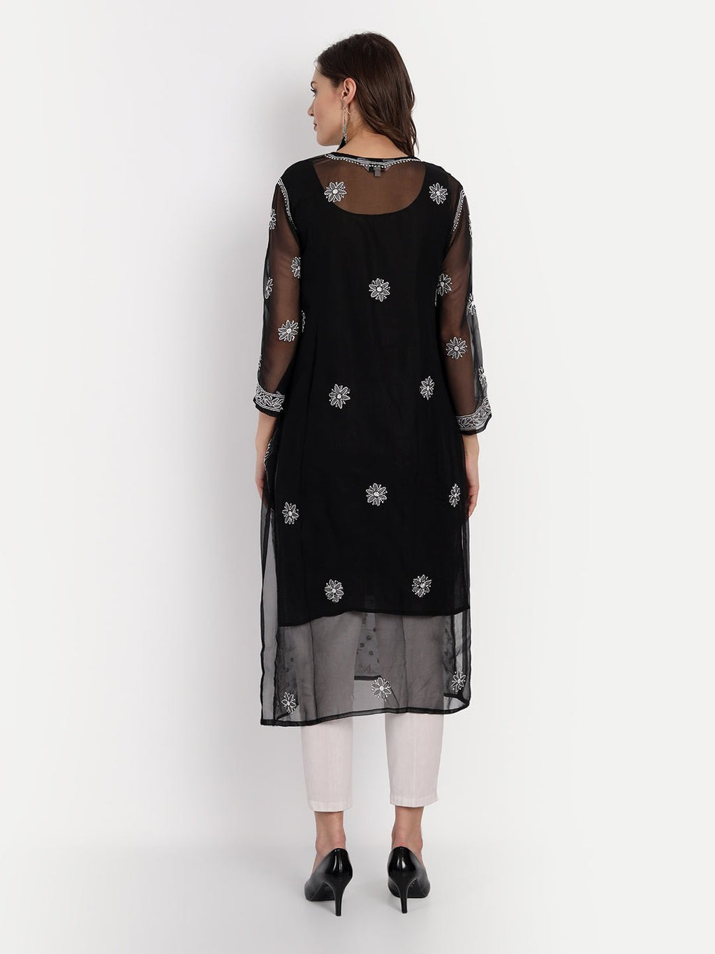 Lucknow Chikankari Hand Embroidered Kurta with Matching Inner, Georgette - Indiankala4u