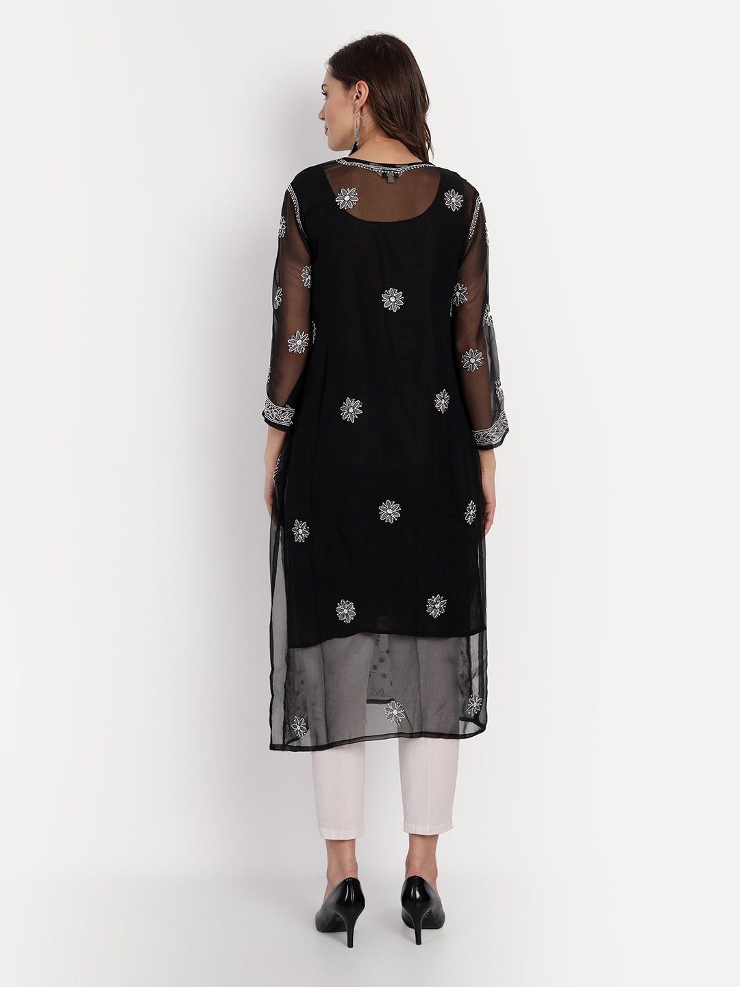 Lucknow Chikankari Hand Embroidered Kurta with Matching Inner, Georgette - Indiankala4u