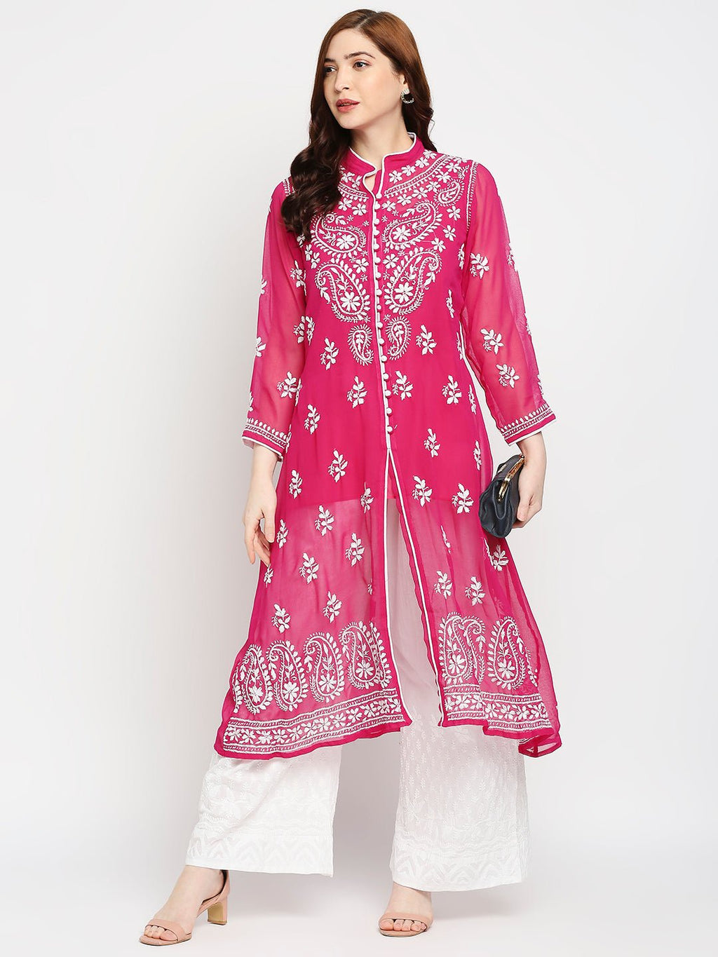 Lucknow Chikankari Hand Embroidered Kurta with Matching Inner, Georgette - Indiankala4u