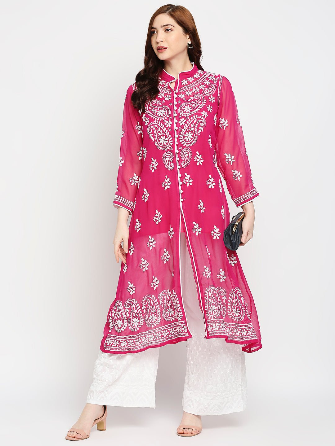 Lucknow Chikankari Hand Embroidered Kurta with Matching Inner, Georgette - Indiankala4u