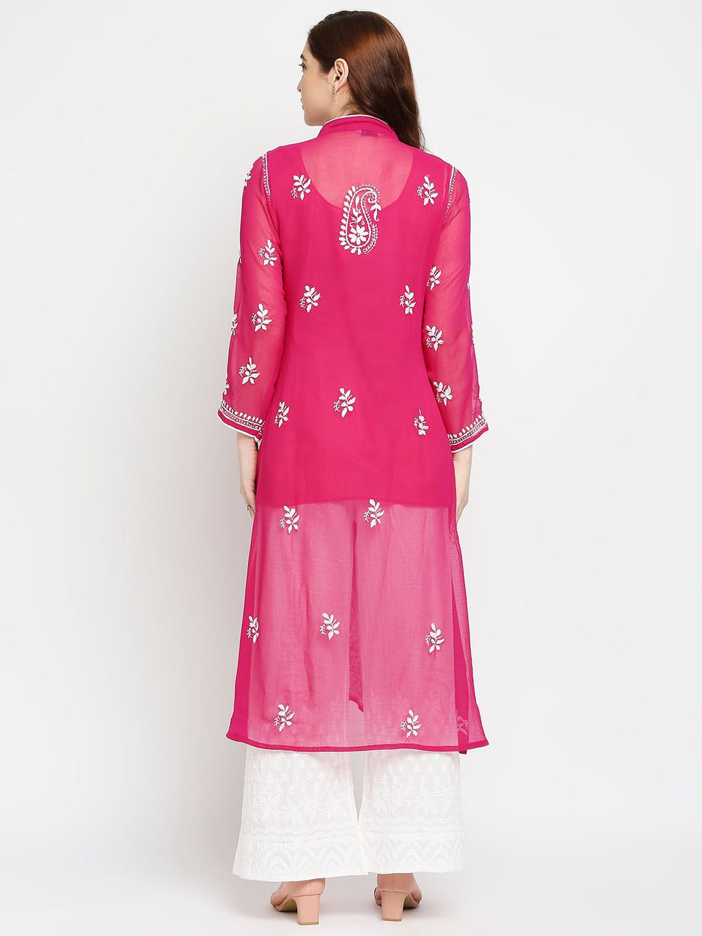 Lucknow Chikankari Hand Embroidered Kurta with Matching Inner, Georgette - Indiankala4u