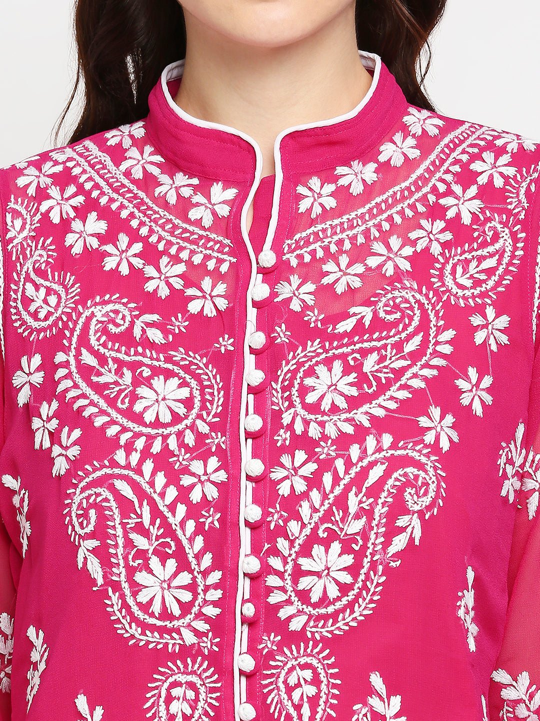 Lucknow Chikankari Hand Embroidered Kurta with Matching Inner, Georgette - Indiankala4u