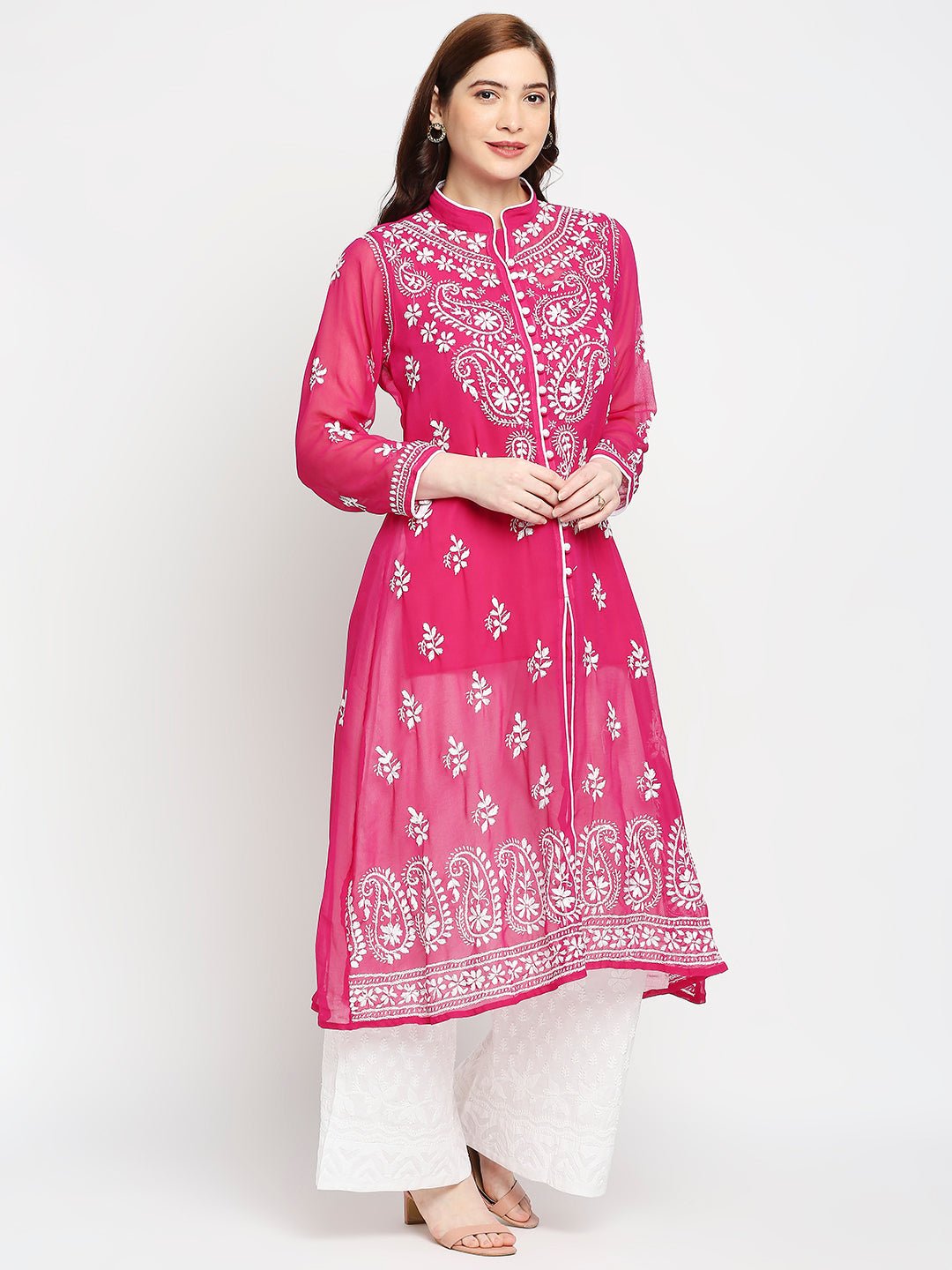 Lucknow Chikankari Hand Embroidered Kurta with Matching Inner, Georgette - Indiankala4u