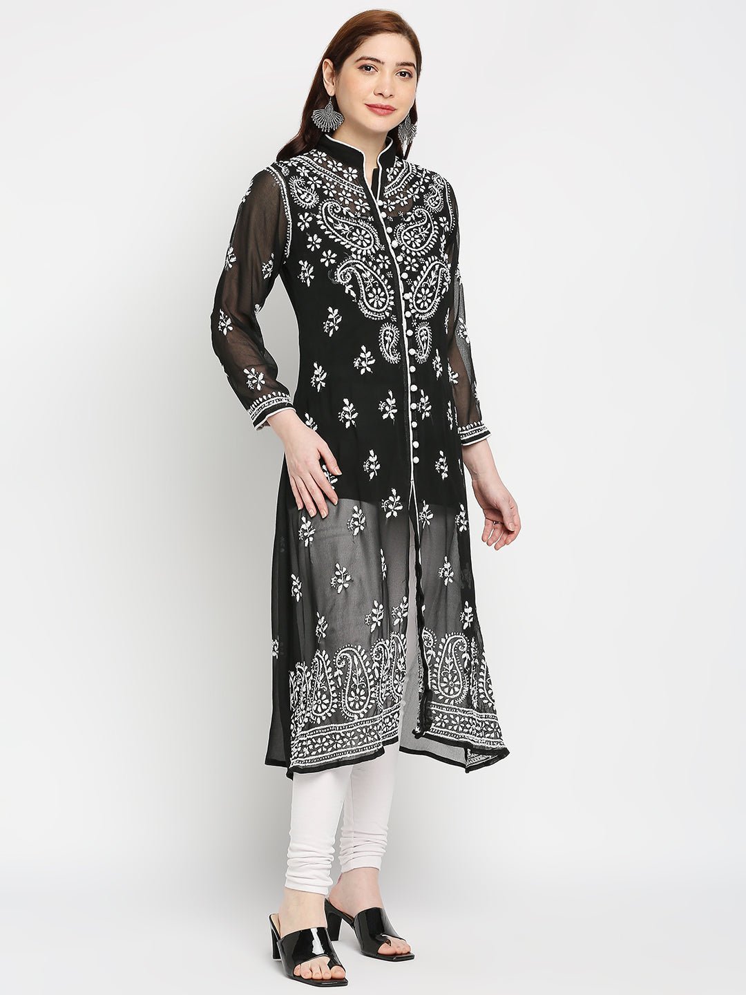Lucknow Chikankari Hand Embroidered Kurta with Matching Inner, Georgette - Indiankala4u