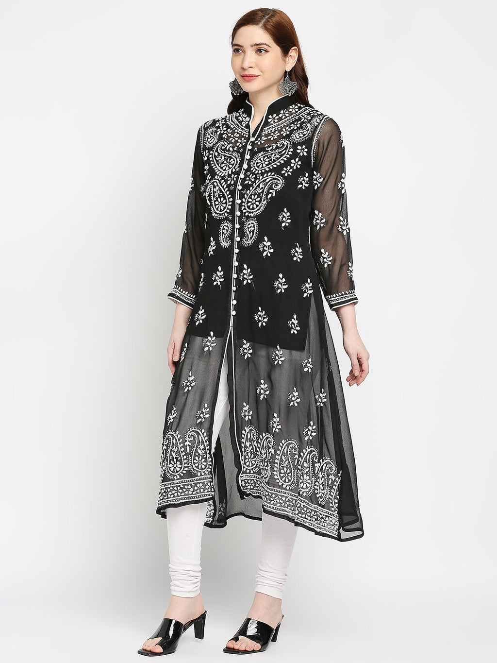 Lucknow Chikankari Hand Embroidered Kurta with Matching Inner, Georgette - Indiankala4u