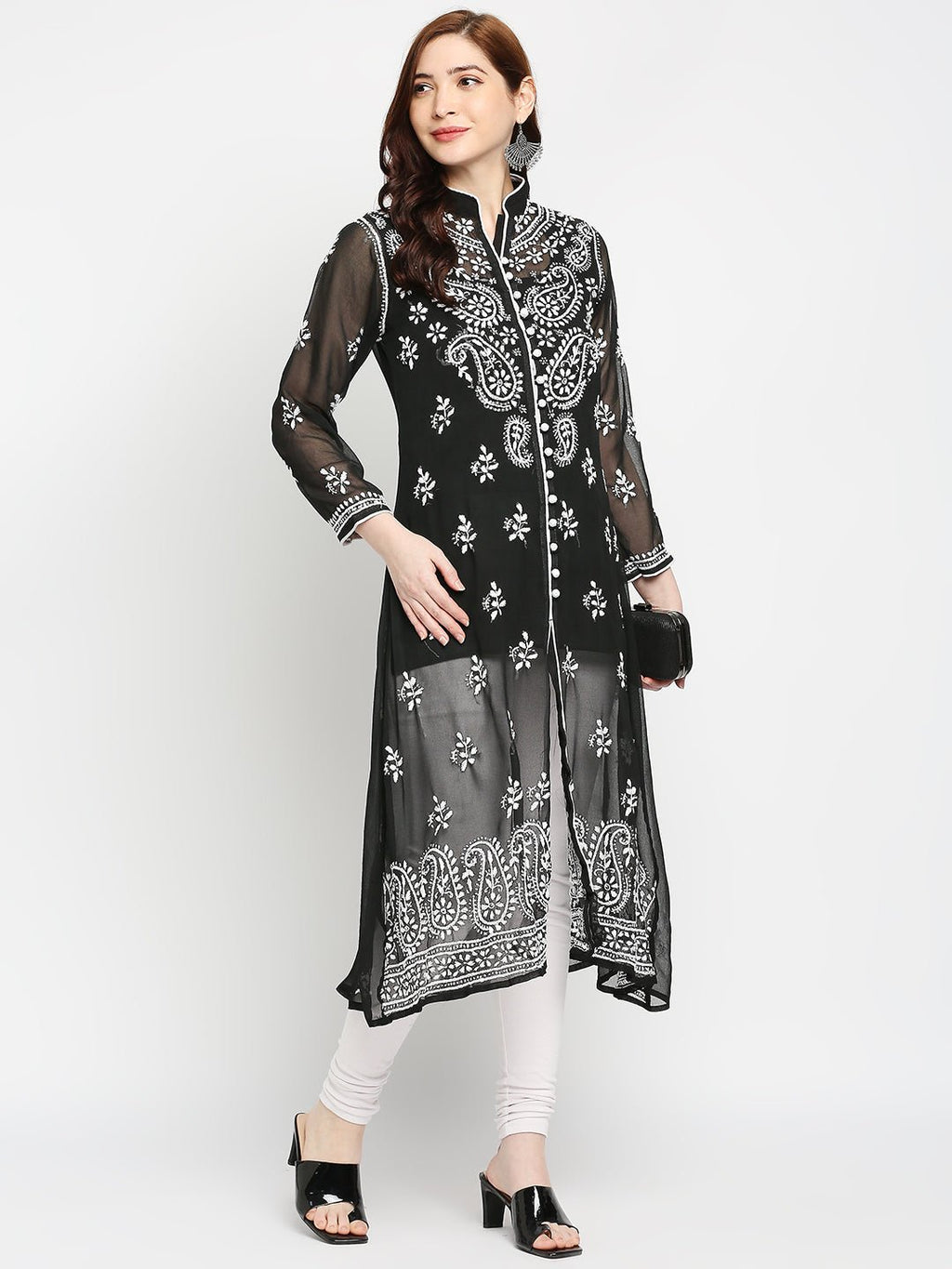 Lucknow Chikankari Hand Embroidered Kurta with Matching Inner, Georgette - Indiankala4u