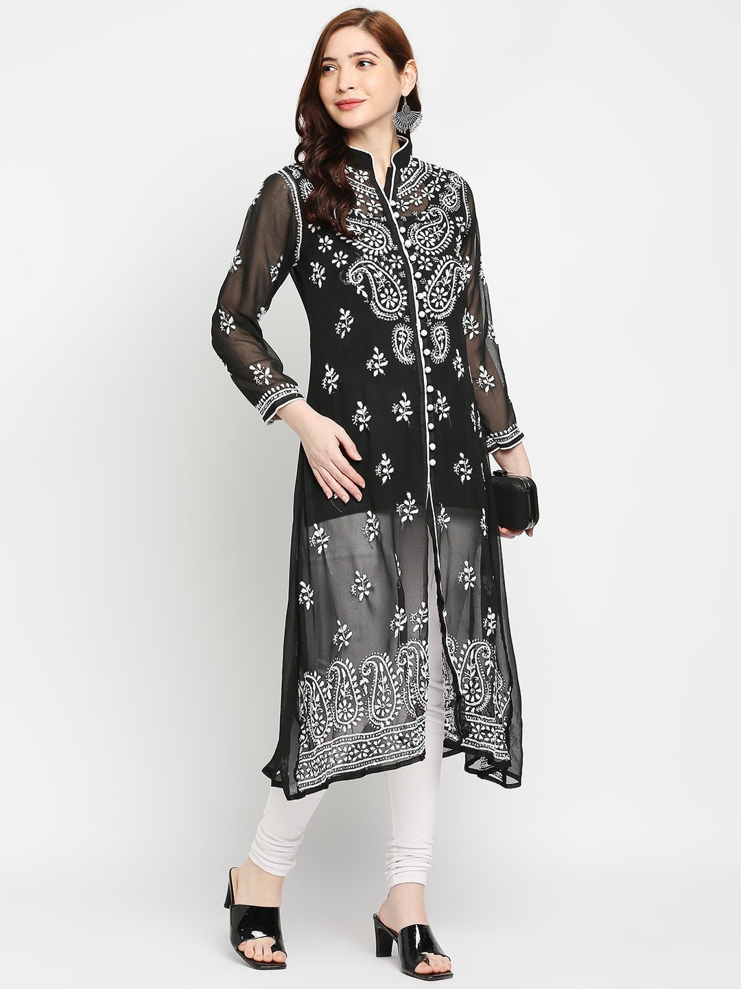 Lucknow Chikankari Hand Embroidered Kurta with Matching Inner, Georgette - Indiankala4u