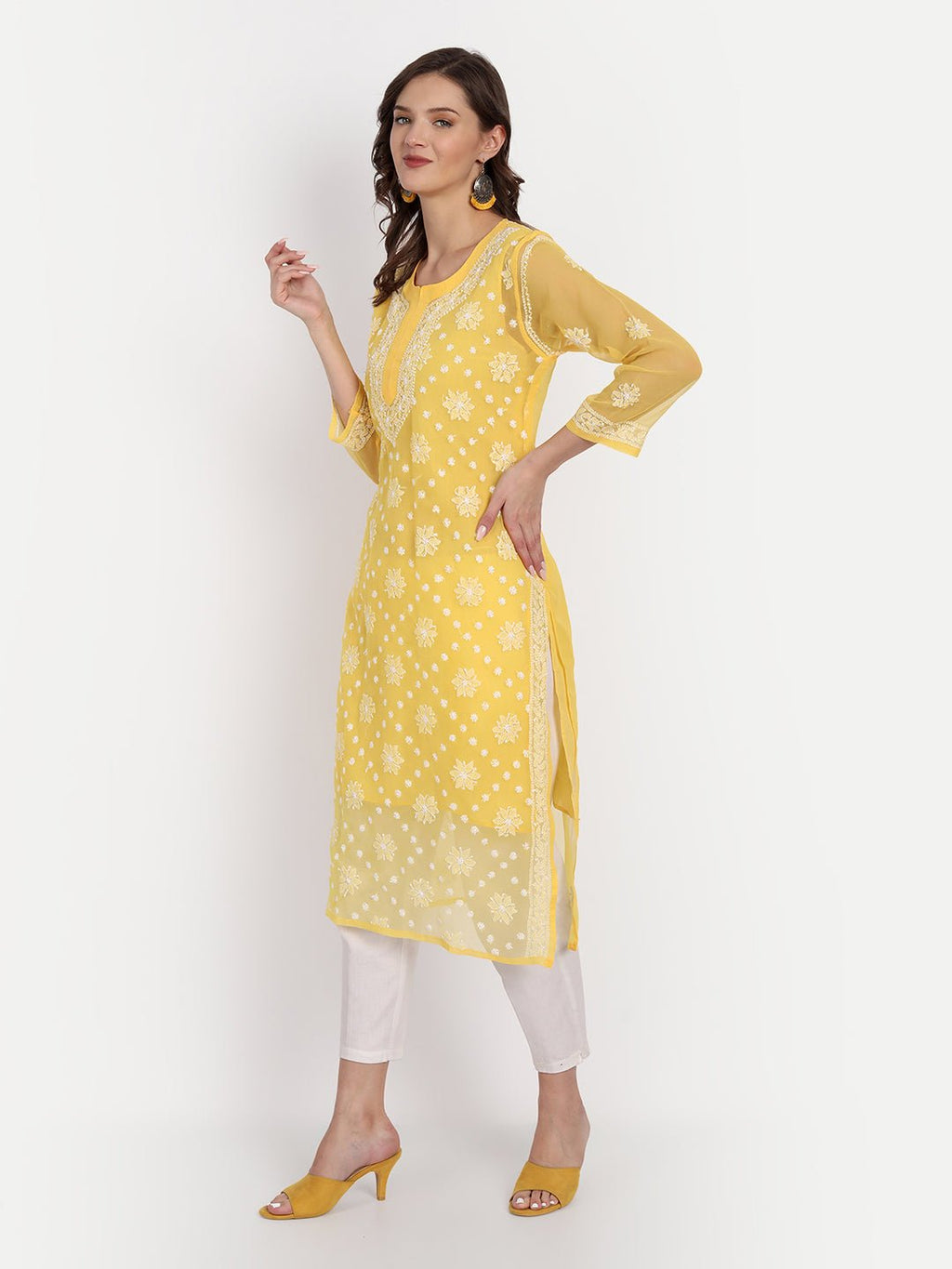 Lucknow Chikankari Hand Embroidered Kurta with Matching Inner, Georgette - Indiankala4u