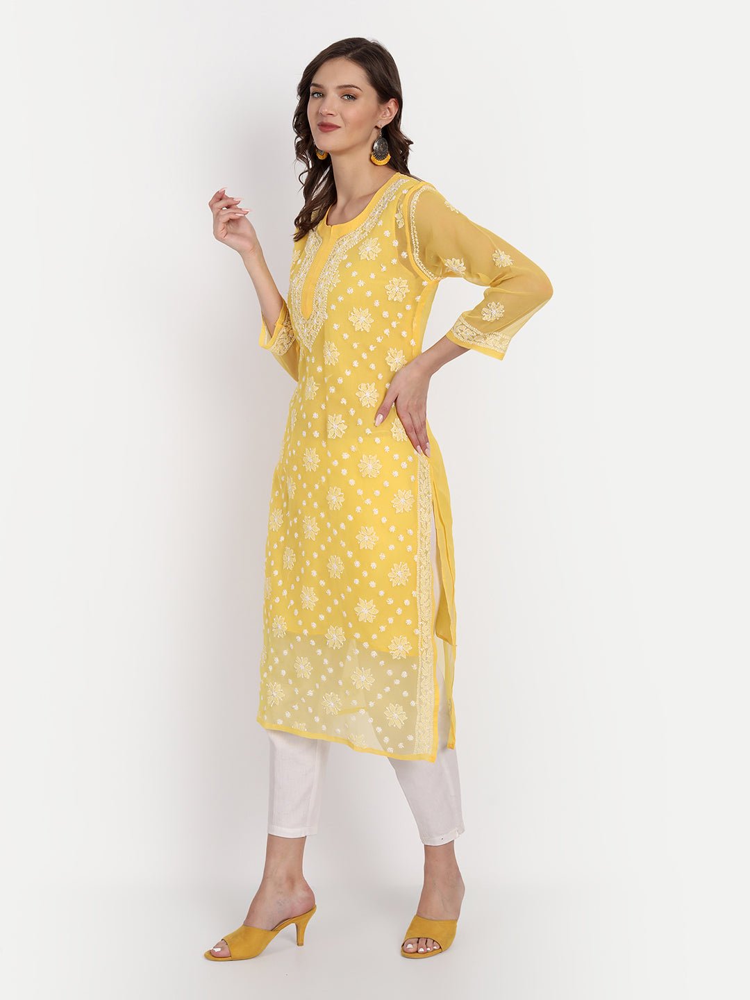 Lucknow Chikankari Hand Embroidered Kurta with Matching Inner, Georgette - Indiankala4u