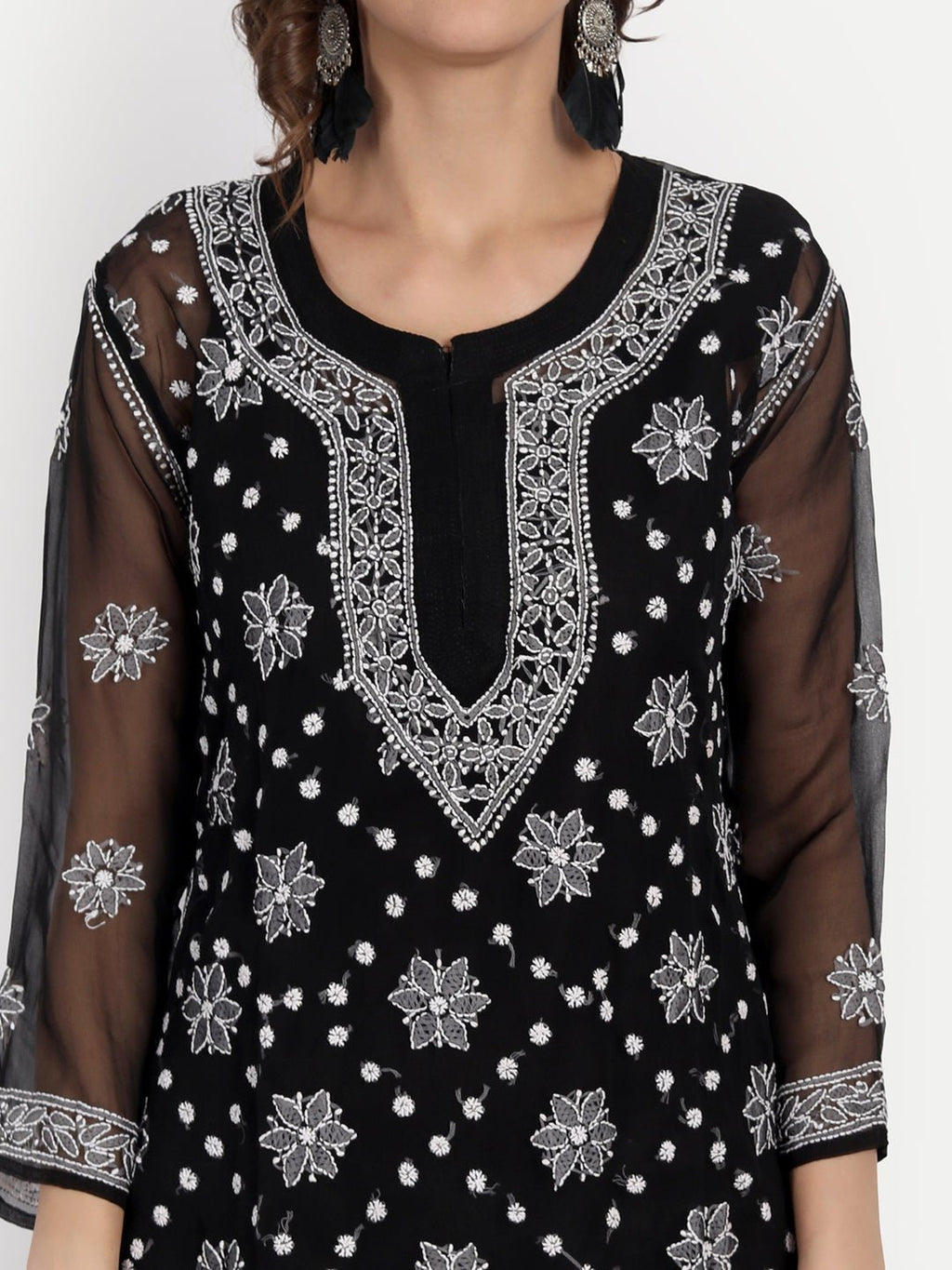 Lucknow Chikankari Hand Embroidered Kurta with Matching Inner, Georgette - Indiankala4u