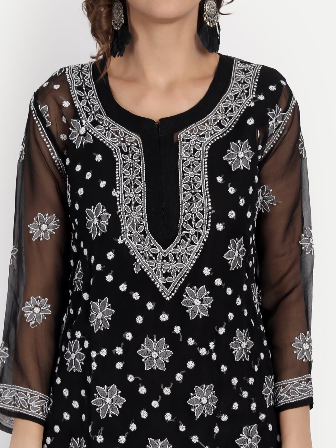 Lucknow Chikankari Hand Embroidered Kurta with Matching Inner, Georgette - Indiankala4u