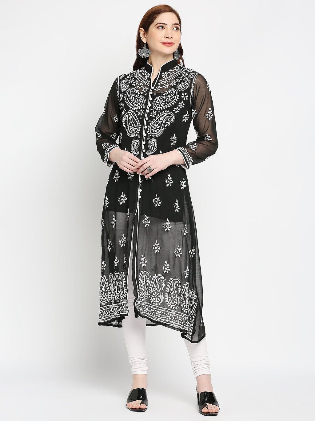 Lucknow Chikankari Hand Embroidered Kurta with Matching Inner, Georgette - Indiankala4u