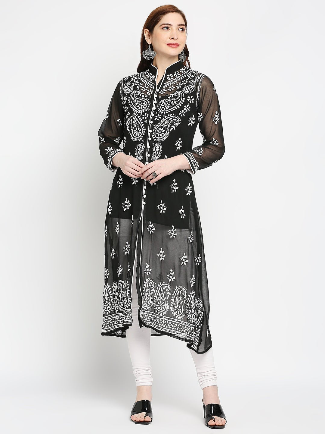 Lucknow Chikankari Hand Embroidered Kurta with Matching Inner, Georgette - Indiankala4u