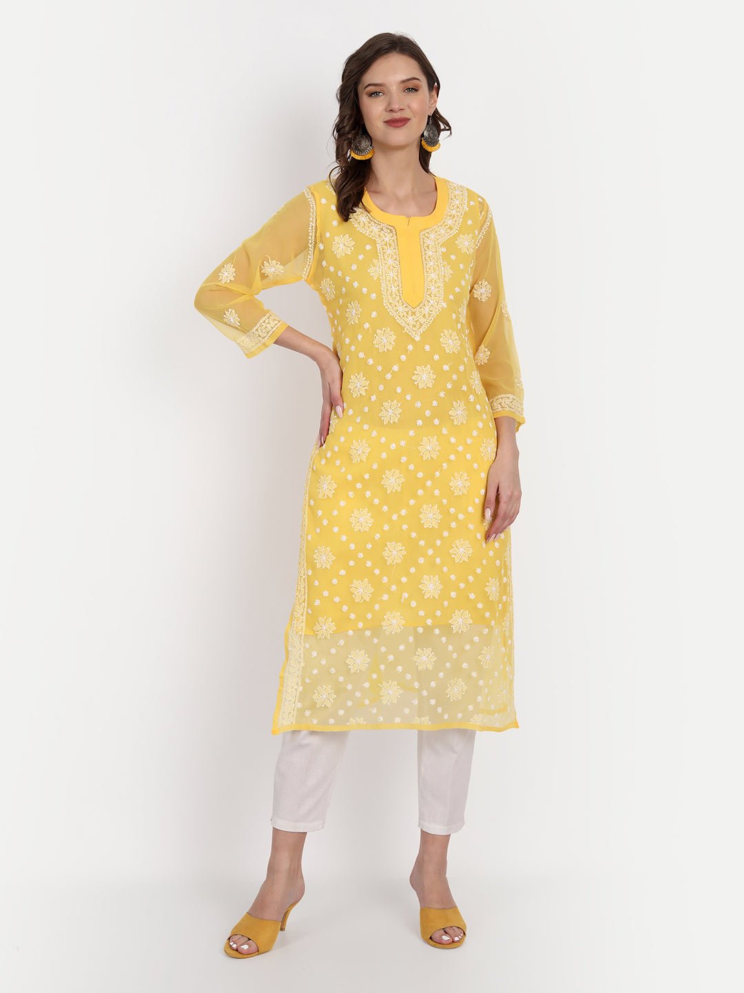 Lucknow Chikankari Hand Embroidered Kurta with Matching Inner, Georgette - Indiankala4u