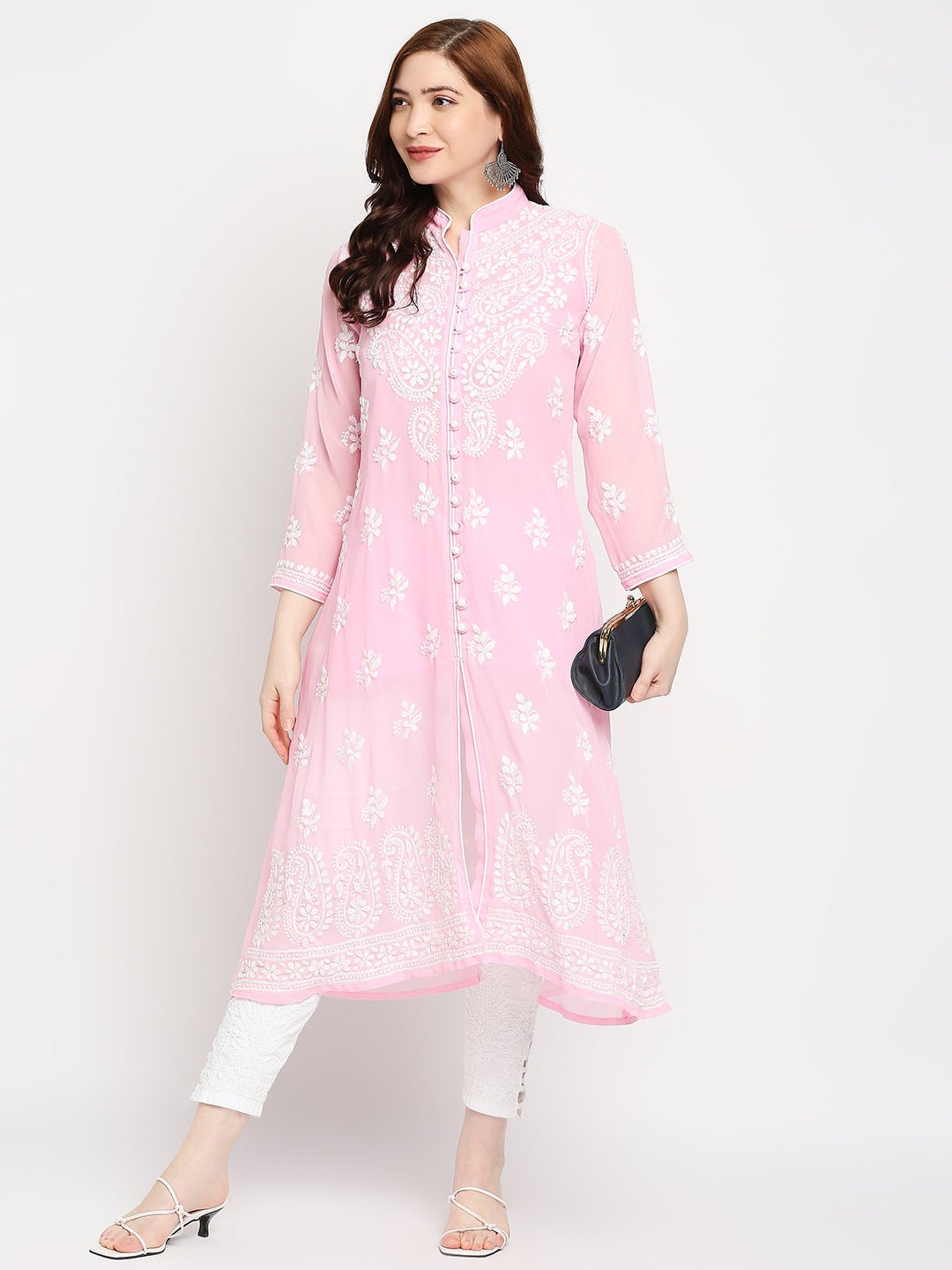 Lucknow Chikankari Hand Embroidered Kurta with Matching Inner, Georgette - Indiankala4u