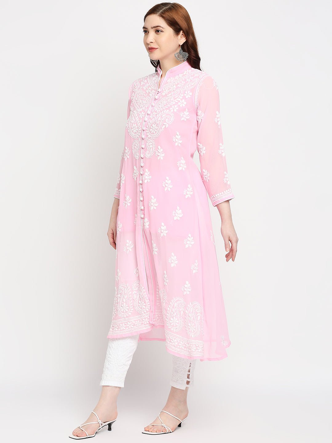 Lucknow Chikankari Hand Embroidered Kurta with Matching Inner, Georgette - Indiankala4u