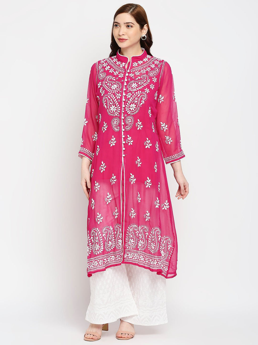 Lucknow Chikankari Hand Embroidered Kurta with Matching Inner, Georgette - Indiankala4u