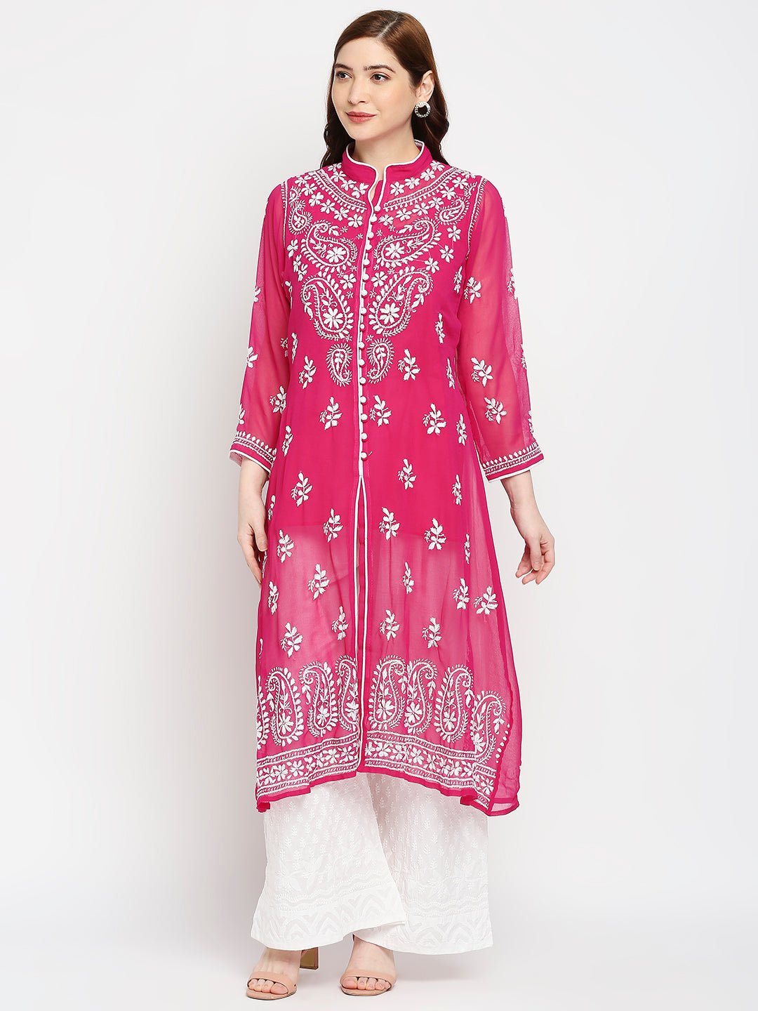 Lucknow Chikankari Hand Embroidered Kurta with Matching Inner, Georgette - Indiankala4u