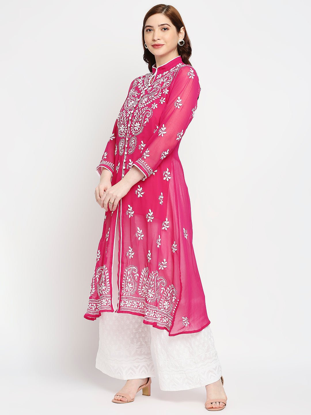 Lucknow Chikankari Hand Embroidered Kurta with Matching Inner, Georgette - Indiankala4u