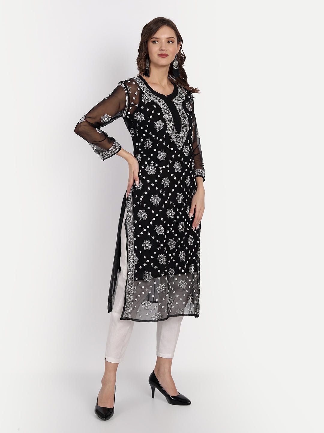 Lucknow Chikankari Hand Embroidered Kurta with Matching Inner, Georgette - Indiankala4u