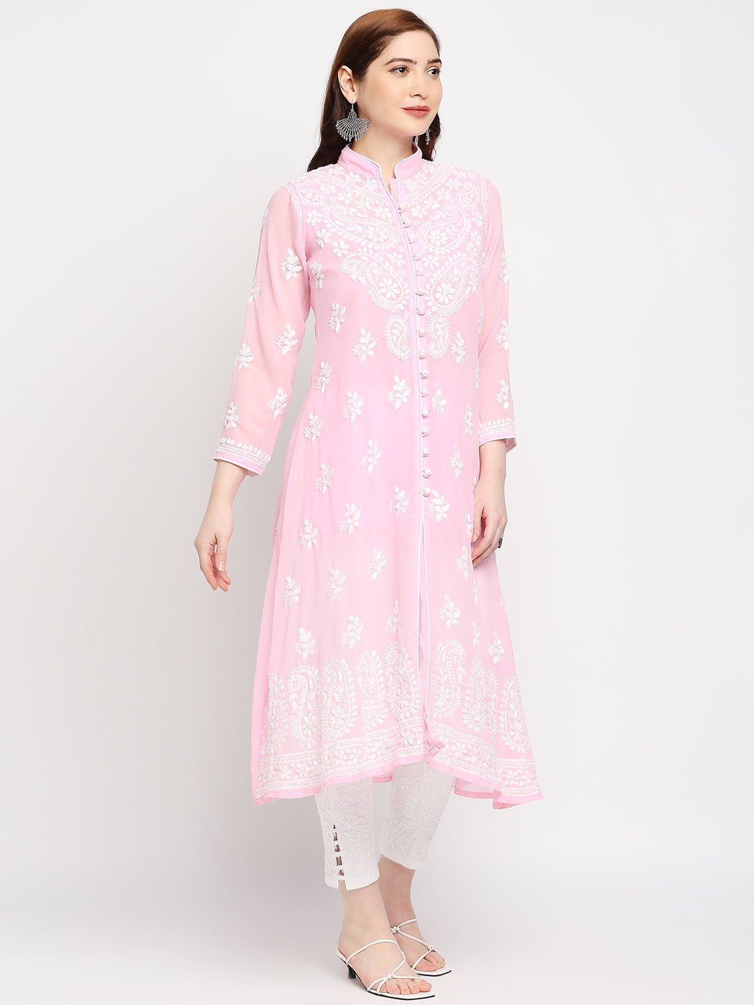 Lucknow Chikankari Hand Embroidered Kurta with Matching Inner, Georgette - Indiankala4u