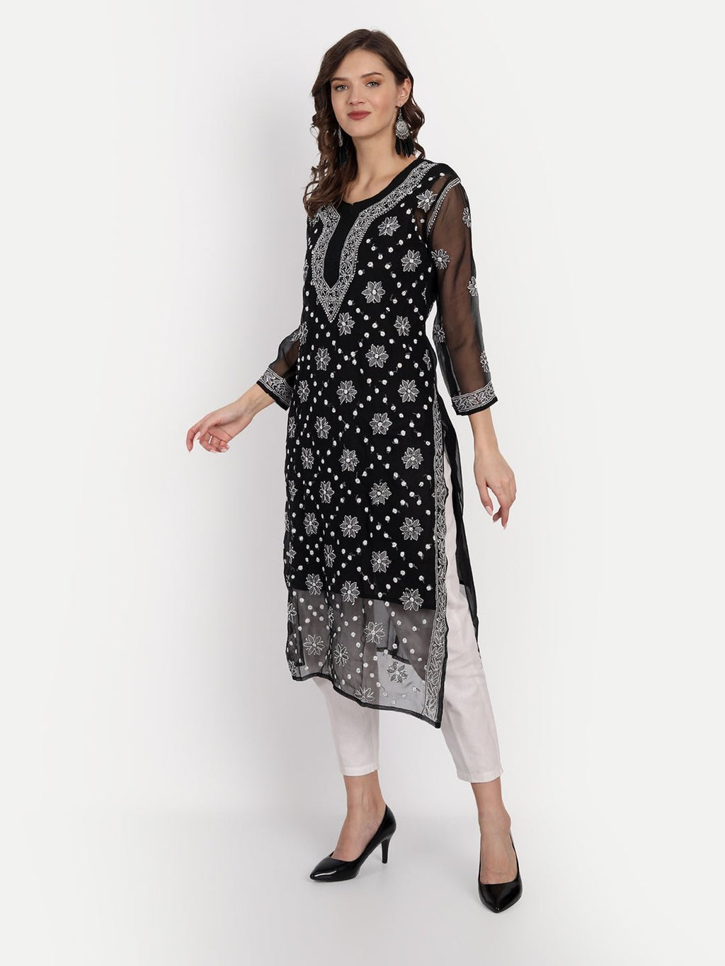 Lucknow Chikankari Hand Embroidered Kurta with Matching Inner, Georgette - Indiankala4u