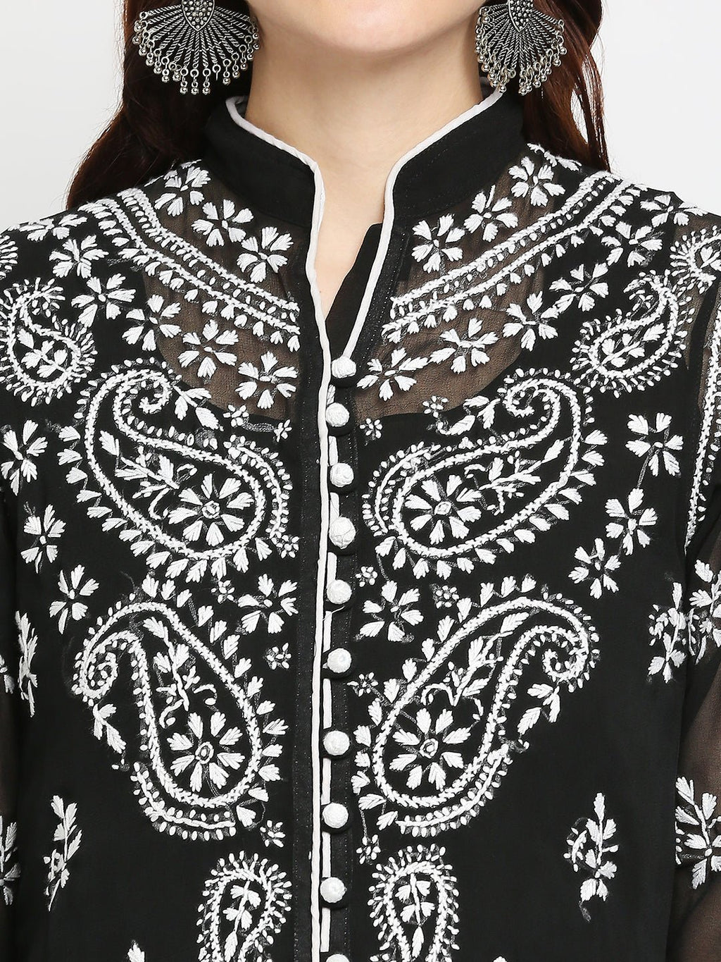 Lucknow Chikankari Hand Embroidered Kurta with Matching Inner, Georgette - Indiankala4u