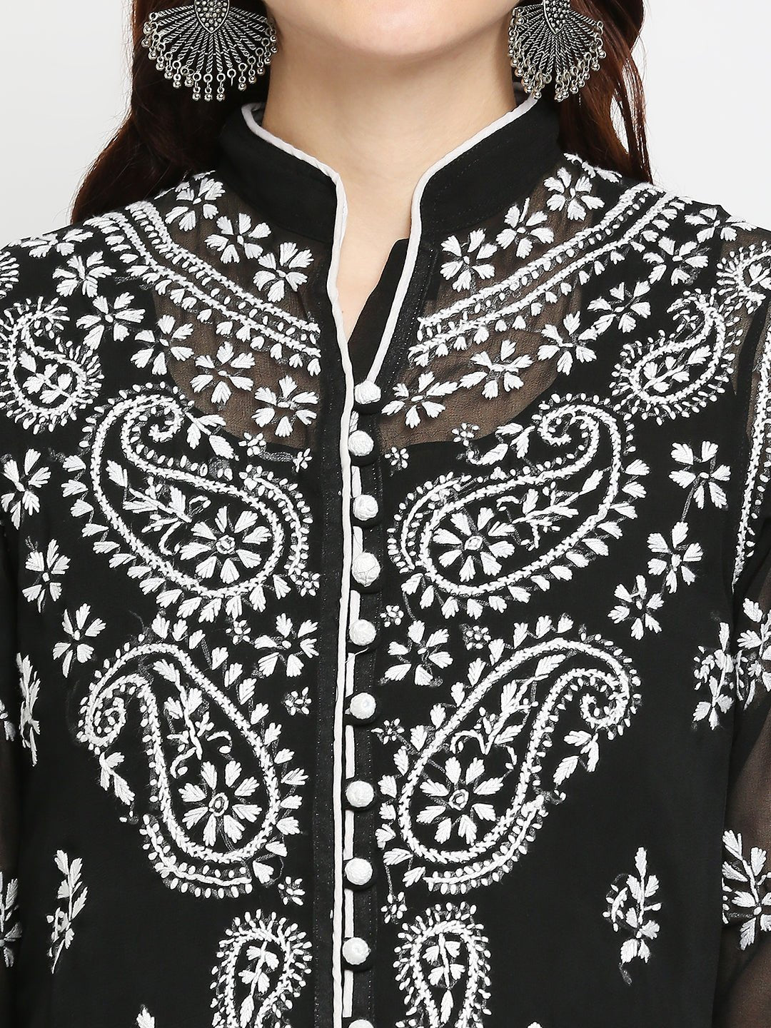 Lucknow Chikankari Hand Embroidered Kurta with Matching Inner, Georgette - Indiankala4u
