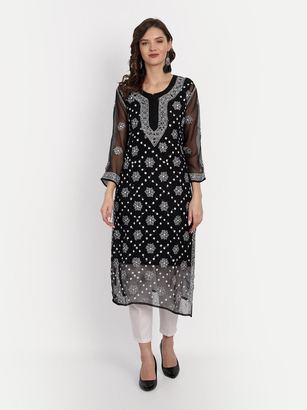 Lucknow Chikankari Hand Embroidered Kurta with Matching Inner, Georgette - Indiankala4u