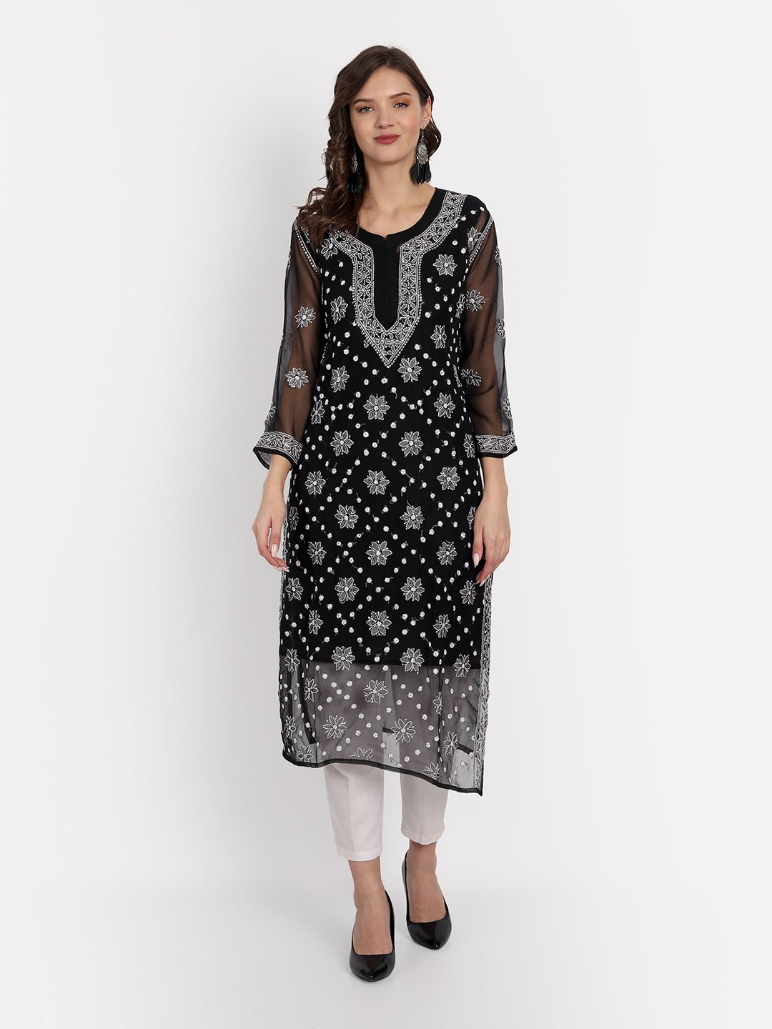 Lucknow Chikankari Hand Embroidered Kurta with Matching Inner, Georgette - Indiankala4u