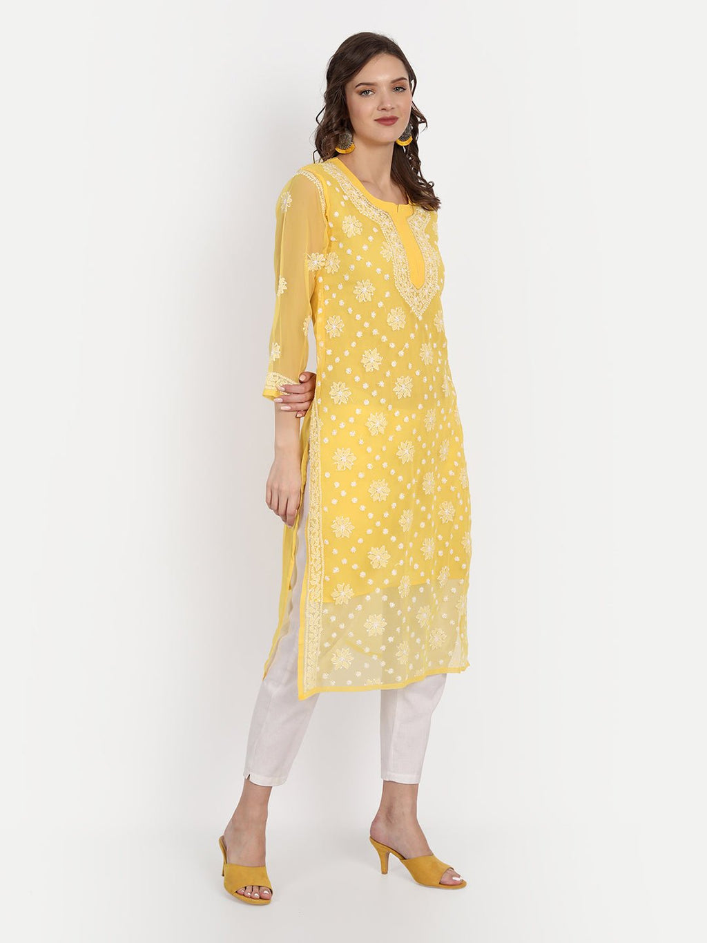 Lucknow Chikankari Hand Embroidered Kurta with Matching Inner, Georgette - Indiankala4u