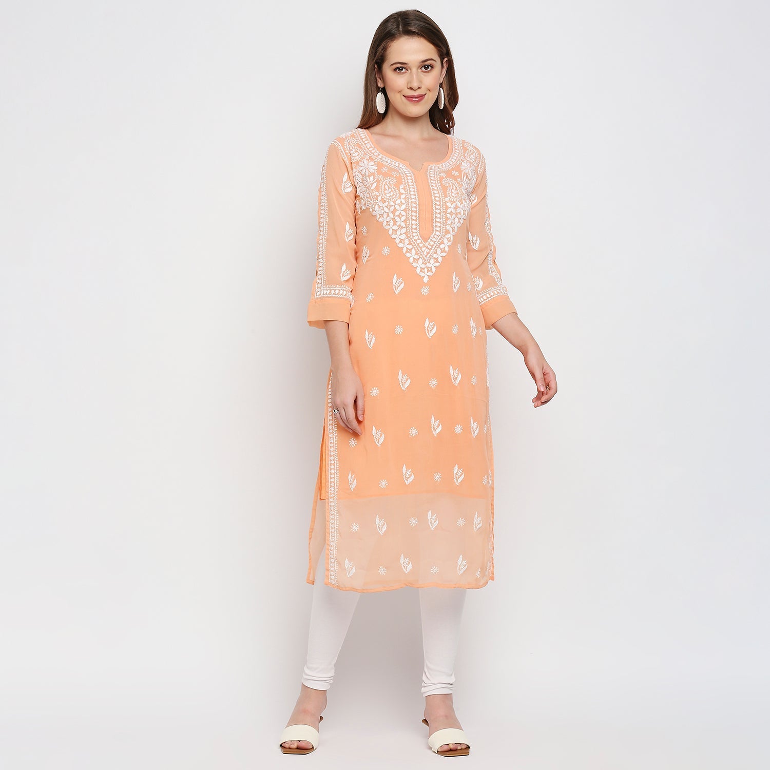 Lucknow Chikankari Hand Embroidered Kurta with matching slip - Indiankala4u