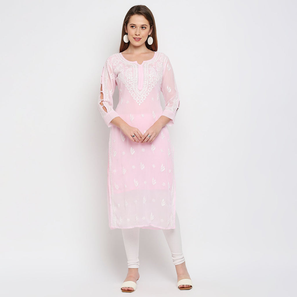 Lucknow Chikankari Hand Embroidered Kurta with matching slip - Indiankala4u