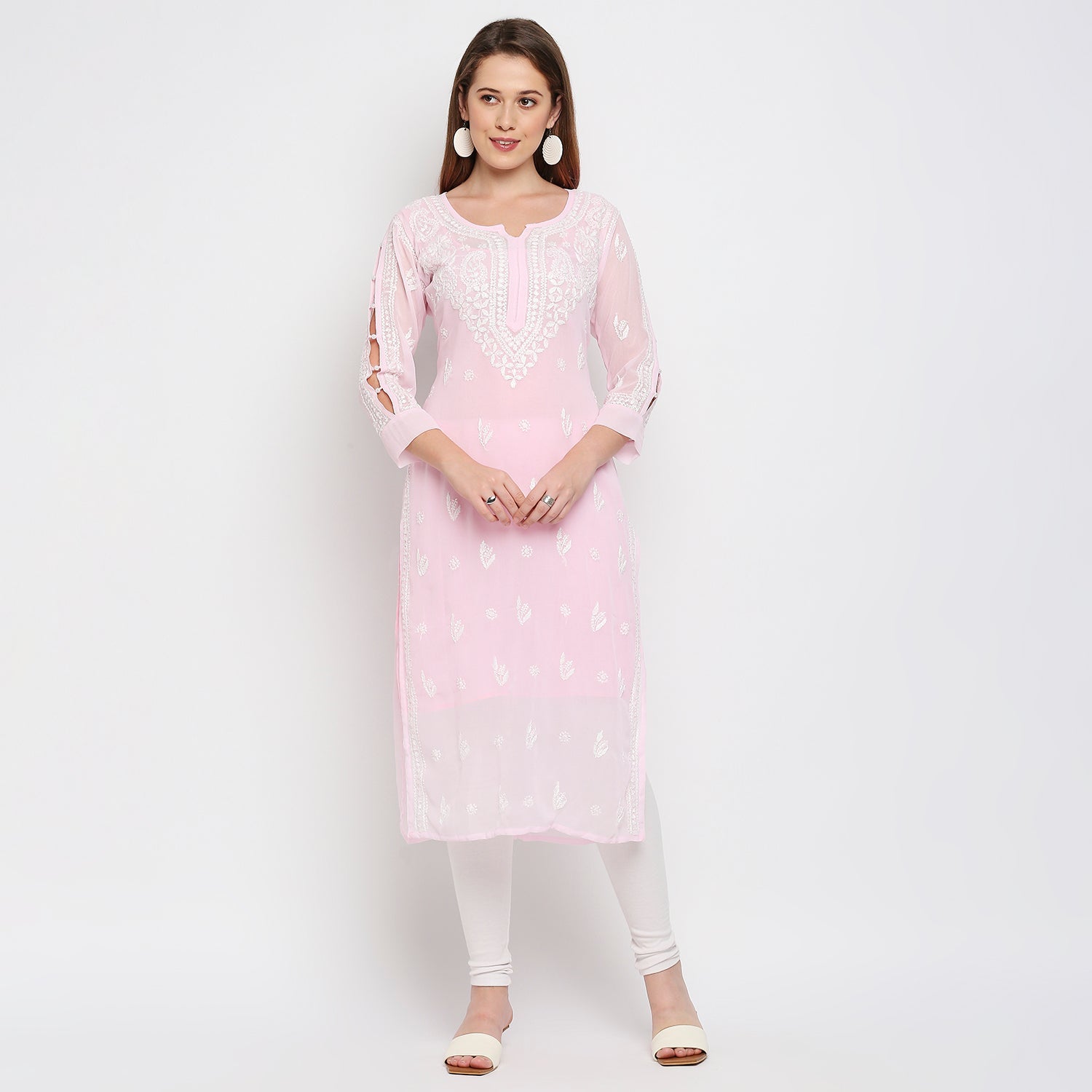 Lucknow Chikankari Hand Embroidered Kurta with matching slip - Indiankala4u