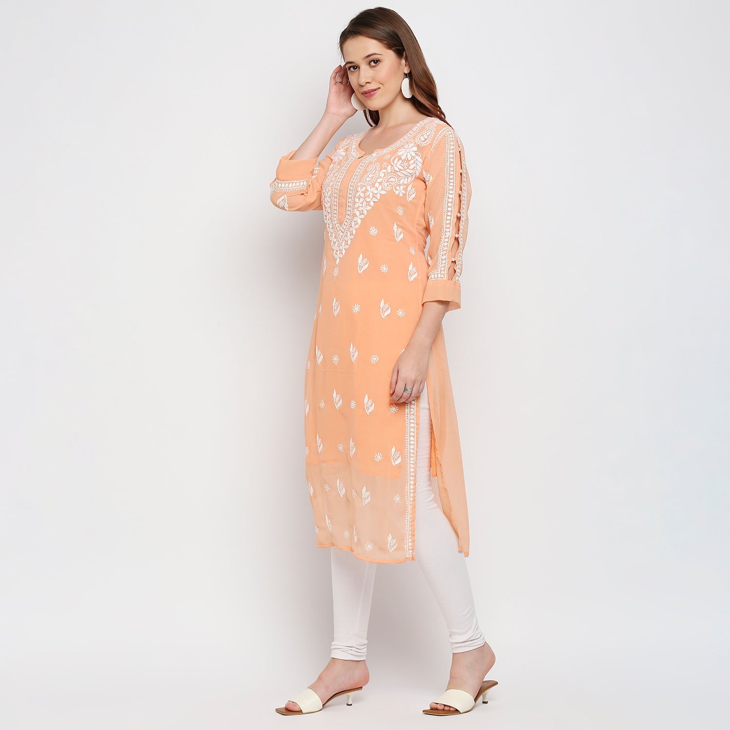 Lucknow Chikankari Hand Embroidered Kurta with matching slip - Indiankala4u