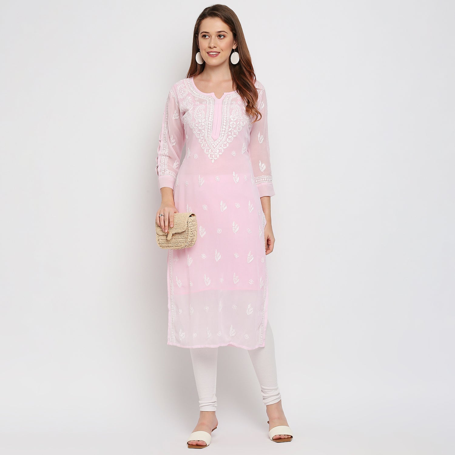 Lucknow Chikankari Hand Embroidered Kurta with matching slip - Indiankala4u