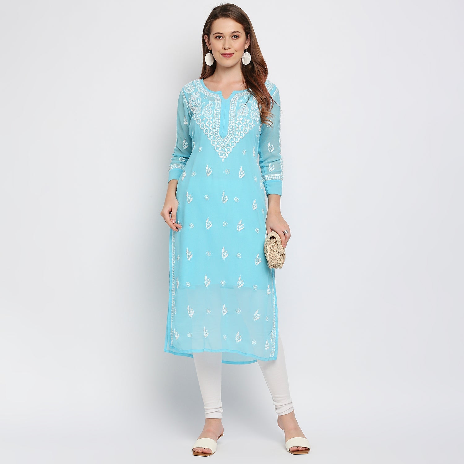 Lucknow Chikankari Hand Embroidered Kurta with matching slip - Indiankala4u