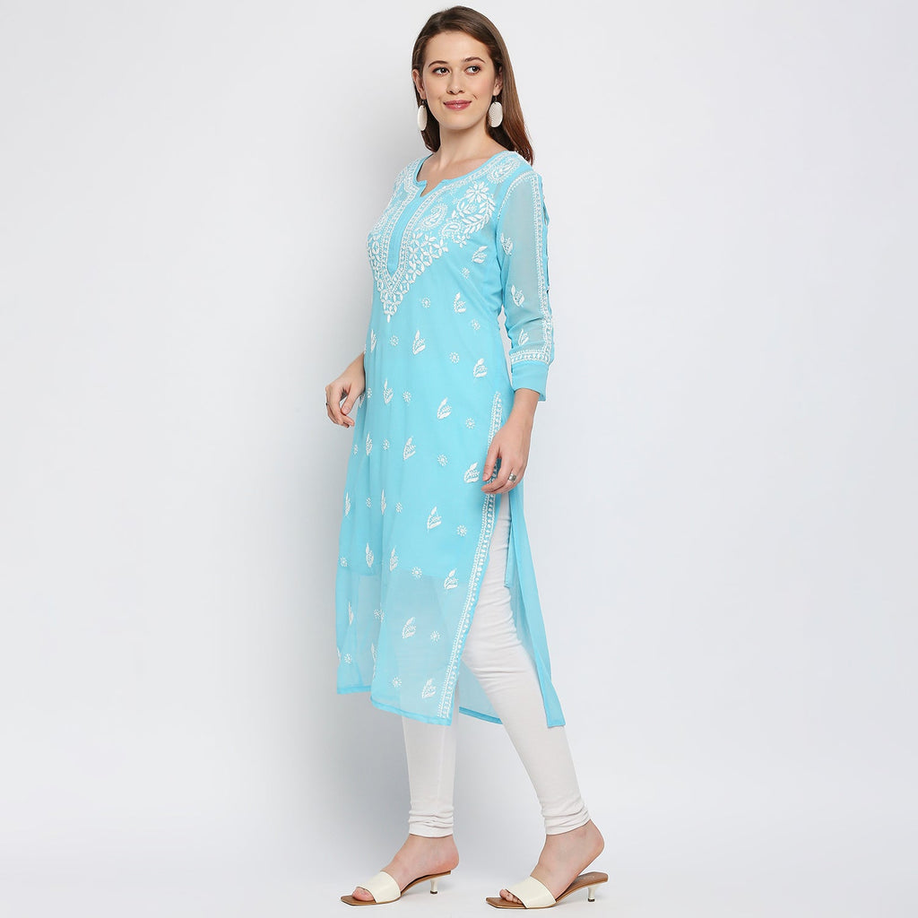 Lucknow Chikankari Hand Embroidered Kurta with matching slip - Indiankala4u