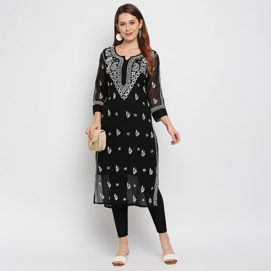 Lucknow Chikankari Hand Embroidered Kurta with matching slip - Indiankala4u