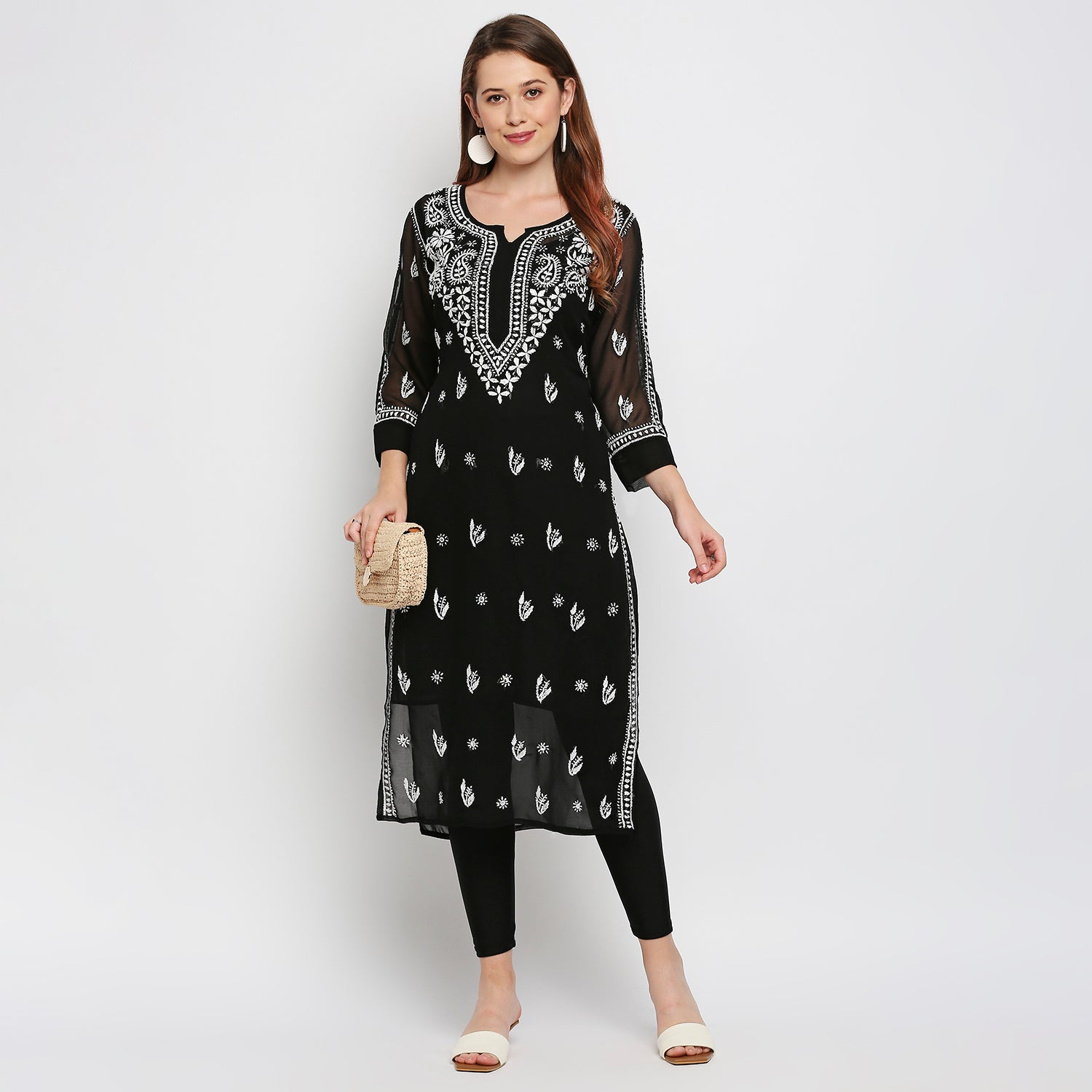 Lucknow Chikankari Hand Embroidered Kurta with matching slip - Indiankala4u