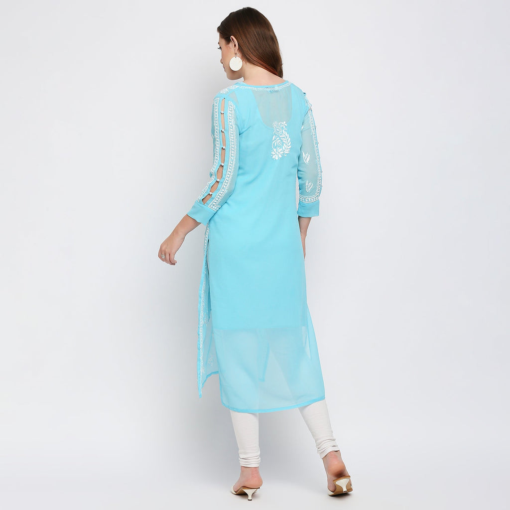 Lucknow Chikankari Hand Embroidered Kurta with matching slip - Indiankala4u