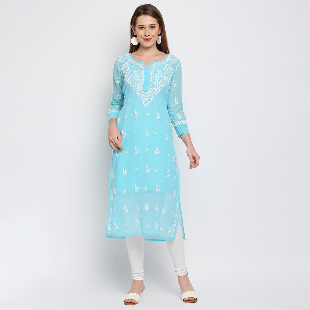 Lucknow Chikankari Hand Embroidered Kurta with matching slip - Indiankala4u