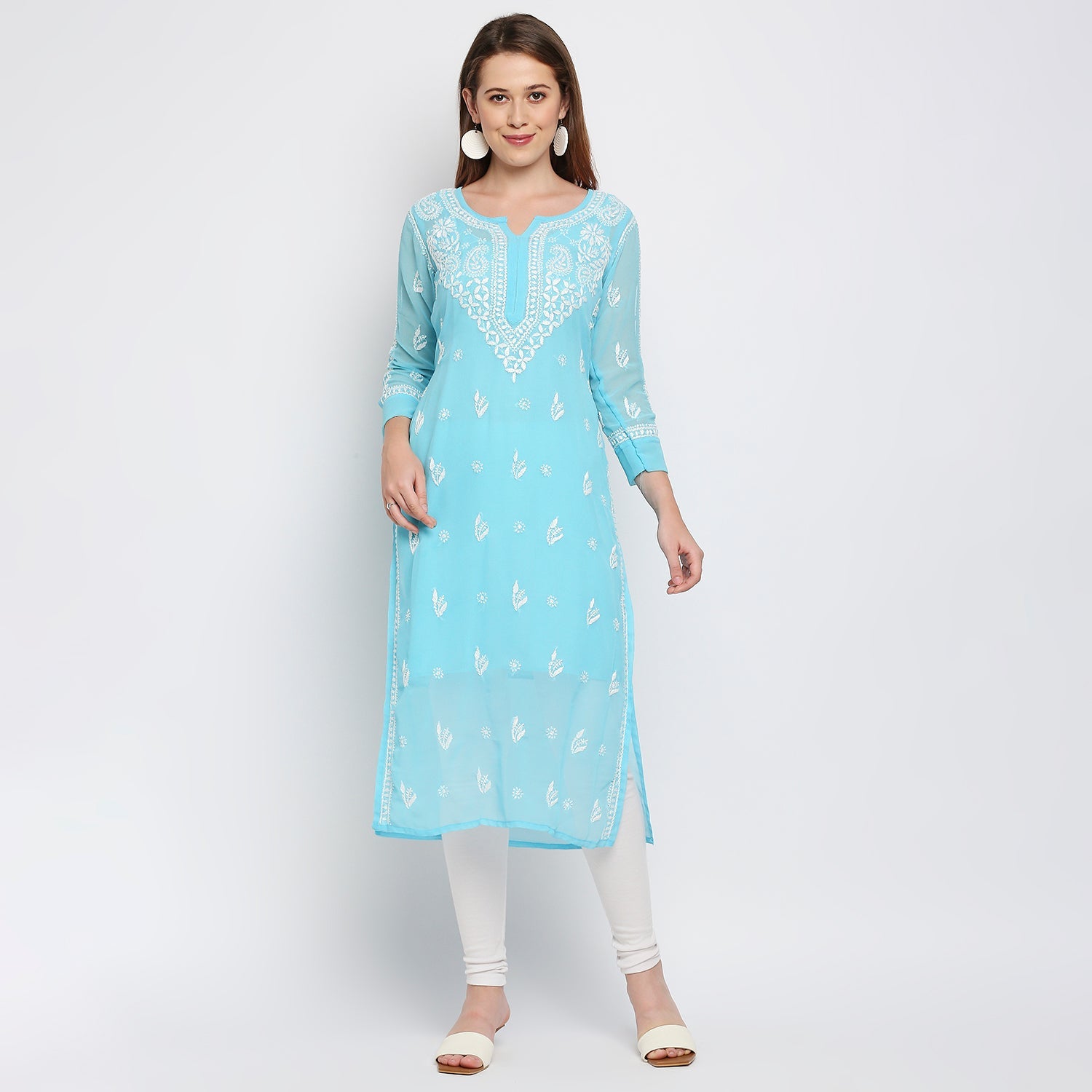 Lucknow Chikankari Hand Embroidered Kurta with matching slip - Indiankala4u