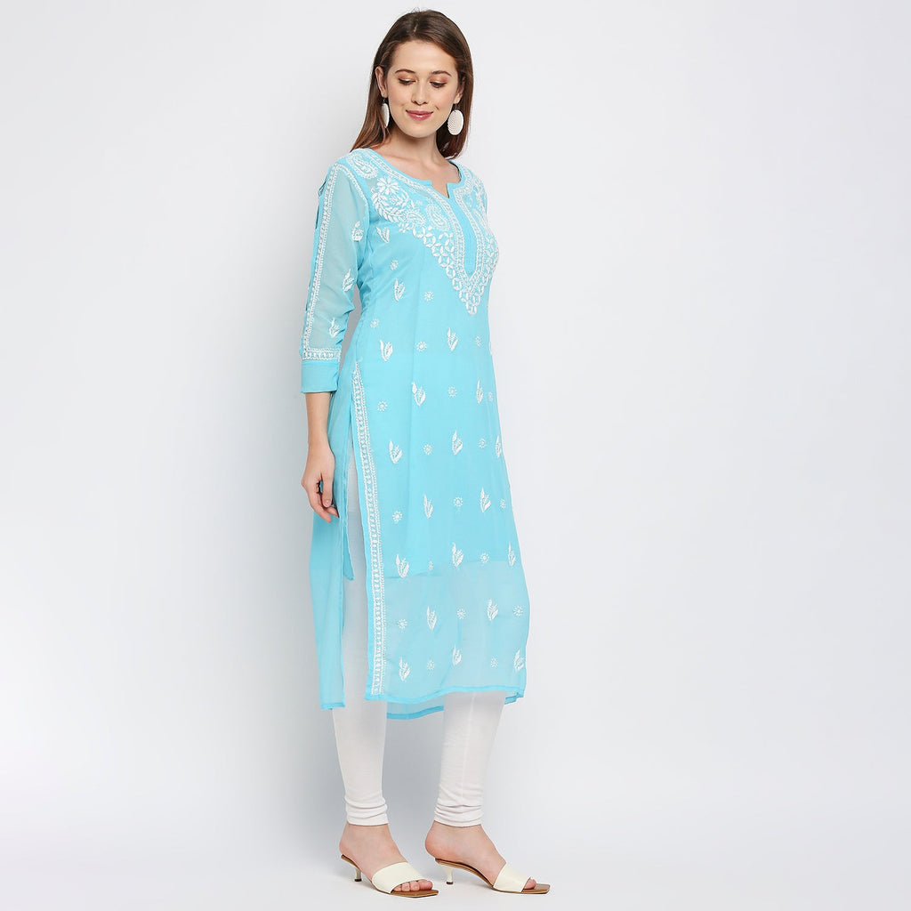 Lucknow Chikankari Hand Embroidered Kurta with matching slip - Indiankala4u