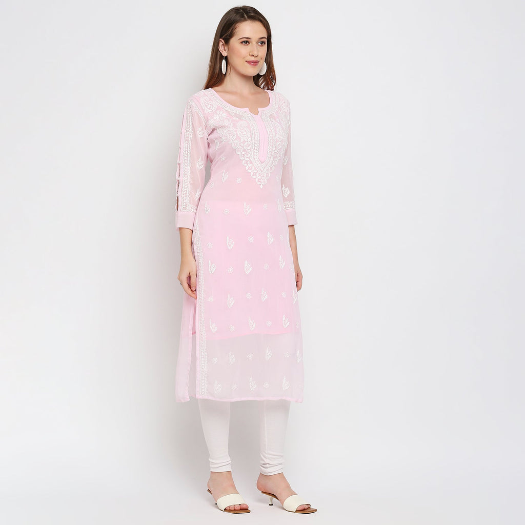 Lucknow Chikankari Hand Embroidered Kurta with matching slip - Indiankala4u