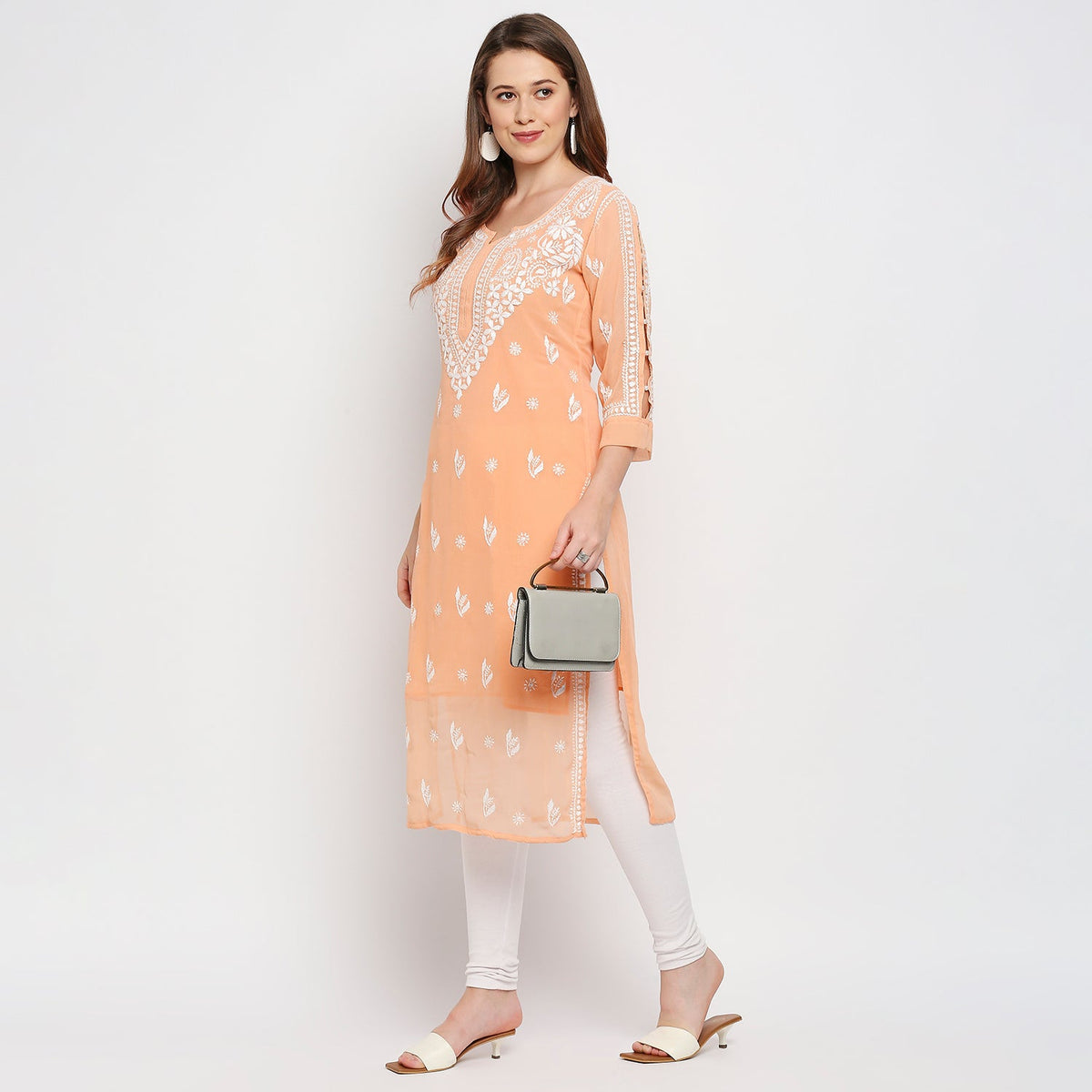 Lucknow Chikankari Hand Embroidered Kurta with matching slip - Indiankala4u